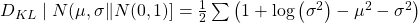  D_{K L} \mid N(\mu, \sigma \| N(0,1)]=\frac{1}{2} \sum\left(1+\log \left(\sigma^{2}\right)-\mu^{2}-\sigma^{2}\right) 