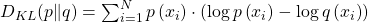  D_{K L}(p \| q)=\sum_{i=1}^{N} p\left(x_{i}\right) \cdot\left(\log p\left(x_{i}\right)-\log q\left(x_{i}\right)\right) 